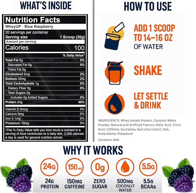 WheyUP Clear Whey Isolate - 24g Protein + 150mg Caffeine - Blue Raspberry - Clear Whey Protein Powder - Sugar-Free - Keto-Friendly - Juice-Style Pre Post Workout Drink - 20 Servings