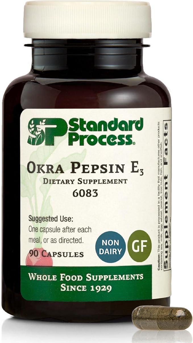 Standard Process Okra Pepsin E3 - Gastrointestinal &amp Gut Health Supplement - Supports Protein Digestion &amp Regular Digestive Function - Gluten-Free Non-Dairy &amp Non-Soy - 90 Capsules (90 Se