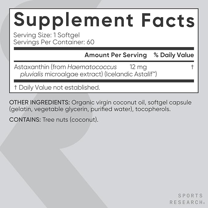 Sports Research Triple Strength Astaxanthin 12mg - Antioxidant Supplement for Skin &amp Eye Health Support - Soy Free Non-GMO Gluten Free - 60 Softgels