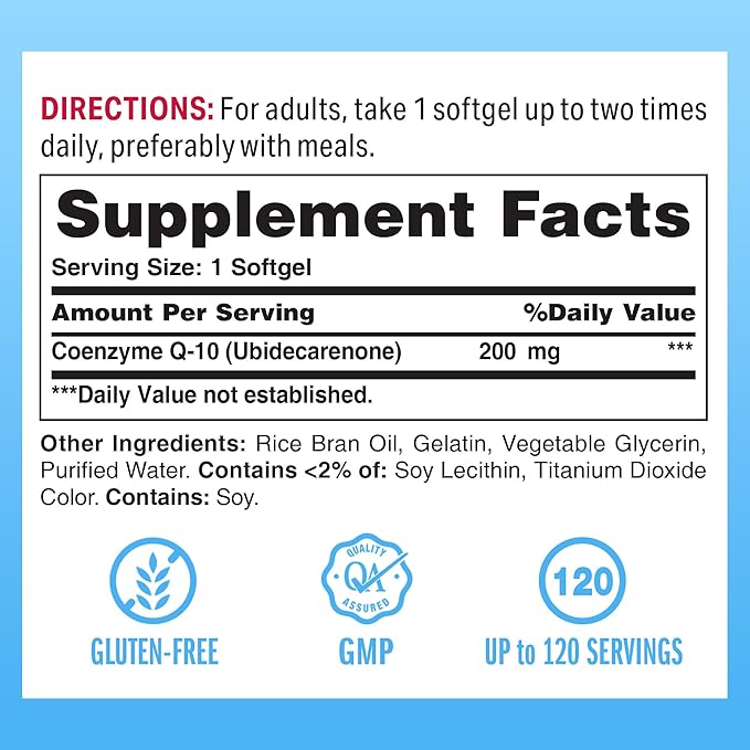 Vitamin World CoQ10 200 mg Softgels Coenzyme Q10 Supplements for Antioxidant Support Heart Health &amp Energy Production Gluten Free 120 Rapid Release Softgels