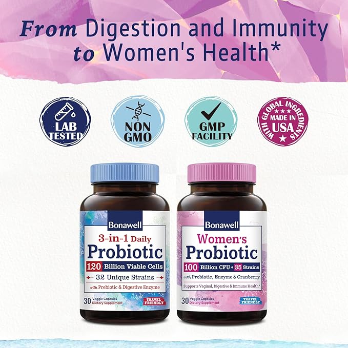 Bonawell Probiotics 120 Billion &amp Probiotics for Women Bundle Digestion Immunity Women’s Health Probiotic 120 Billion Caps 30ct &amp Probiotics for Women Caps 30ct