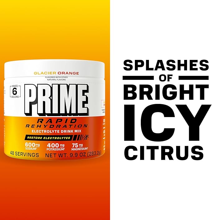 Prime Rapid Rehydration Electrolyte Powder Glacier Orange Sugar Free Hydration Drink Mix with Sodium Potassium Magnesium &amp B Vitamins to Replenish Fluids Caffeine Free 6 Gallon Tub 48 SRV