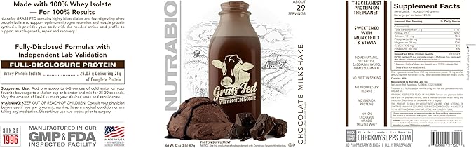 NutraBio Grass Fed Whey Isolate Protein Powder - 25G of Protein Per Scoop - Sugar Free Natural Lean Muscle Protein Supplement - Chocolate - 2 Pounds 29 Servings