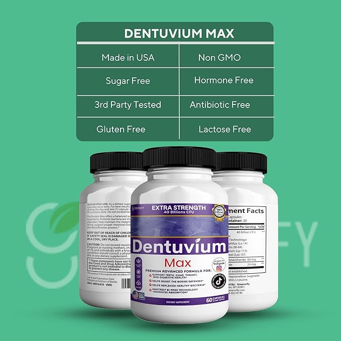 Dentuvium Max Probiotic Supplement - 40 Billion CFU - Supports Teeth Gums Throat Digestive Health - Gluten Free Sugar Free Non-GMO - 60 Capsules (3)