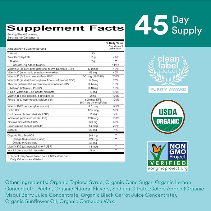 SmartyPants Organic Prenatal Vitamins for Women Multivitamin Gummies: Biotin Methylfolate Omega 3 (ALA) Vitamin D3 C Vitamin B12 B6 A K2 &amp Zinc Choline Vegetarian 180 Count (45 Day Sup