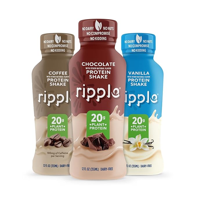 Ripple Plant Based Protein Shake Variety Pack | 20g of Quality Sourced Pea Protein Calcium Rich | Shelf Stable | Vegan &amp Non GMO | Dairy Soy Nut &amp Gluten Free | 12 Fl Oz Bottles (Pack of 1