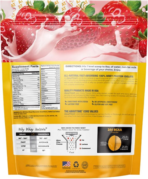 About Time Whey Protein Isolate Powder 25g Strawberry Natural Ingredients Non-GMO Gluten-Free Lactose-Free Zero Sugar Low Carb 32 Servings