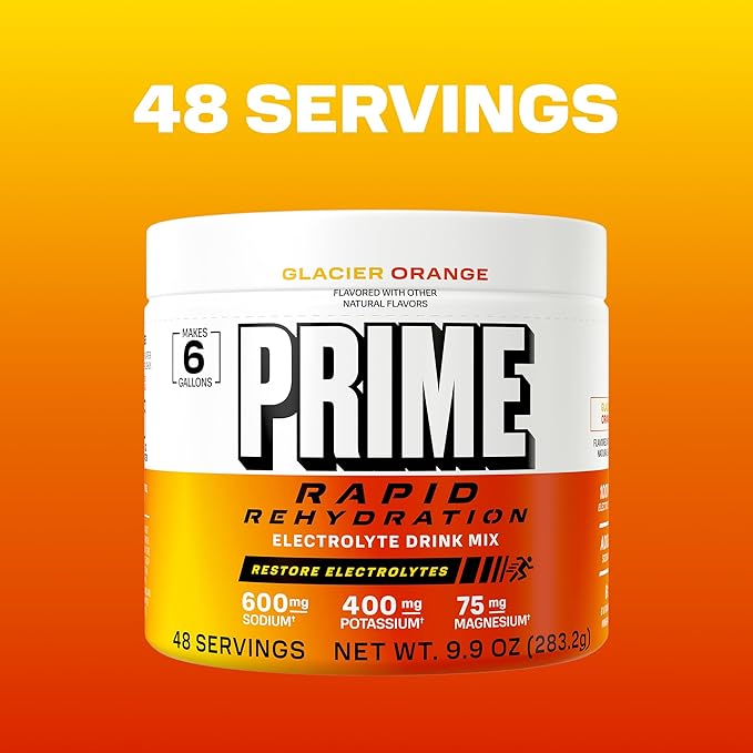 Prime Rapid Rehydration Electrolyte Powder Glacier Orange Sugar Free Hydration Drink Mix with Sodium Potassium Magnesium &amp B Vitamins to Replenish Fluids Caffeine Free 6 Gallon Tub 48 SRV