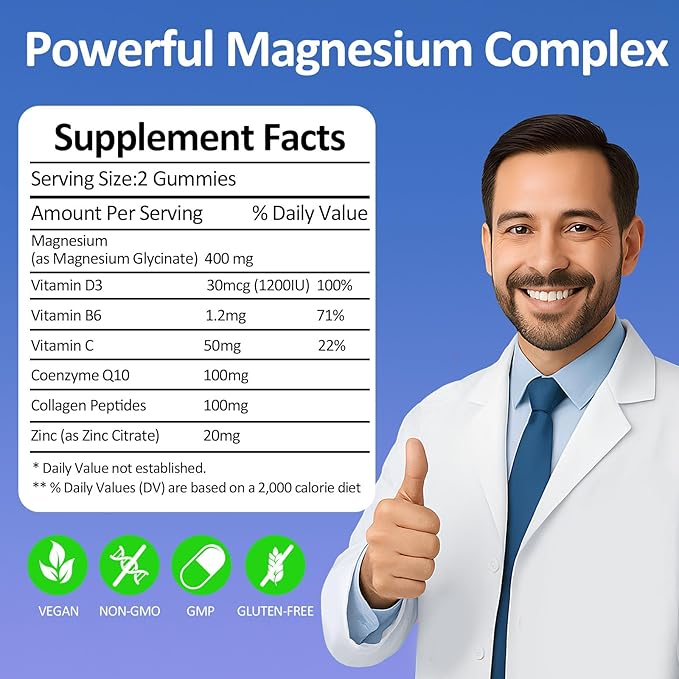 Magnesium Glycinate Gummies 400mg - Sugar Free Vegan Gummies for Adults &amp Kids with Vitamin D3 B6 C CoQ10 Collagen Zinc - Sleep Muscle Bone &amp Memory Support - 60 Blueberry Chewables / 2