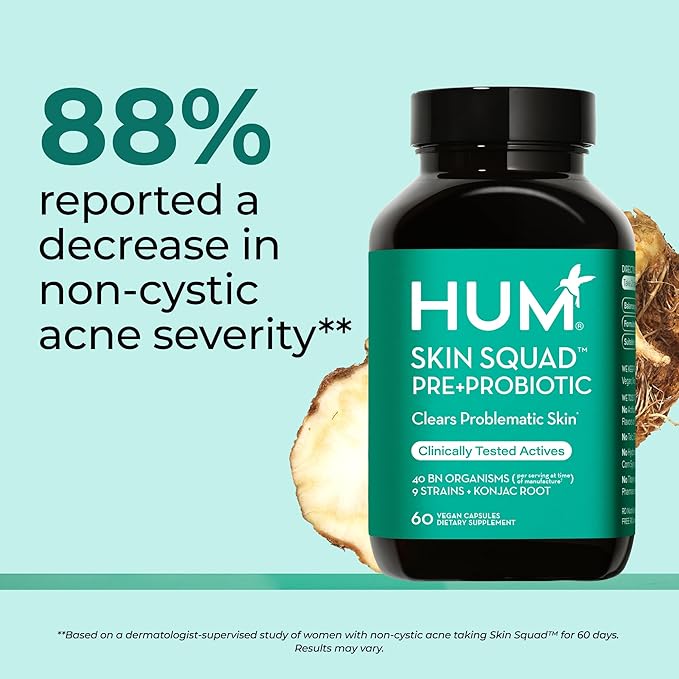 HUM Skin Squad Probiotics for Women and Men Skin Care Supplement for Clear Complexion &amp Gut Health Support Microbiome Prebiotic &amp Probiotic Supplement for Breakouts Digestive Health 60 Cap