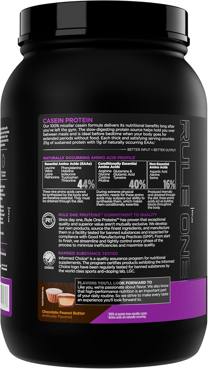 Rule 1 Casein Protein - 25g Protein and 11g EAAs Per Serving from Slow-Release Micellar Casein for Overnight Recovery and Sustained Delivery Between Meals (2 Pounds Chocolate Peanut Butter)