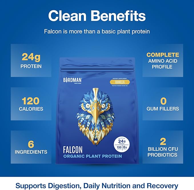 BIRDMAN Falcon Vegan Protein Powder Organic Stevia &amp Sugar Free Plant Based Protein Low Carb Dairy Free Keto Non Whey Protein Probiotic Pea Protein | Vanilla Flavor - 60 Servings - 3.9 lb