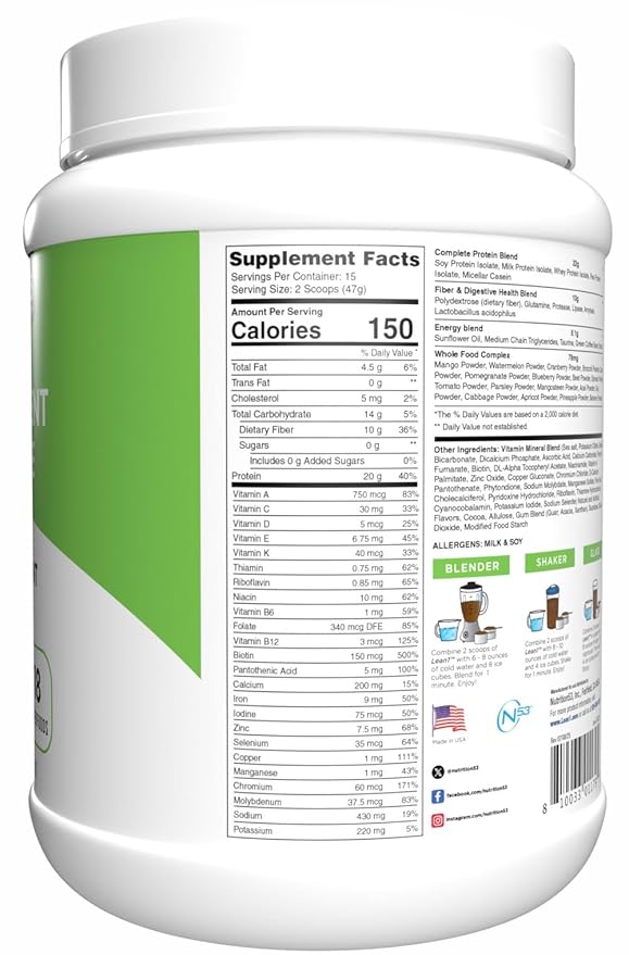 Lean1 Chocolate Mint flavor 15 serving tub fat burning meal replacement protein shake by Nutrition53