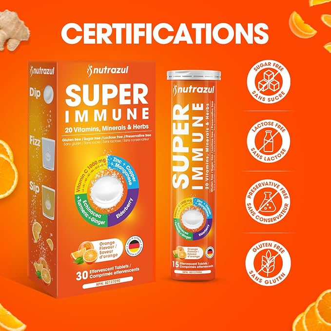 nutrazul Super Immune 30 Effervescent Tablets 20 Vitamins &amp Minerals Herbal Extracts to Support Daily Routine Vitamin C Zinc Elderberry &amp Echinacea Gluten-Free Sugar-Free Orange Flavor
