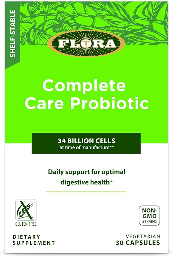 Flora - Shelf-Stable Complete Care Probiotic with 34 Billion CFU Contains Lactobacillus and Bifidobacterium Strains Non GMO Strains Gluten Free 30 Vegetarian Capsules