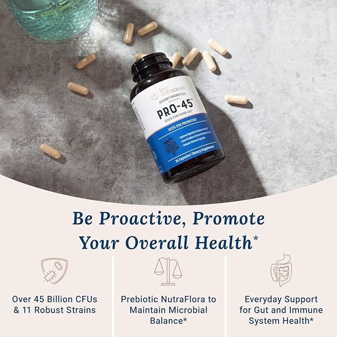 Live Conscious PRO45: Probiotic Formula 45 Billion CFU 11 Comprehensive strains. Dairy Free. Delayed Release Veggie caps. Promotes Immune and Digestive Health. 60 Capsules (2-Pack)