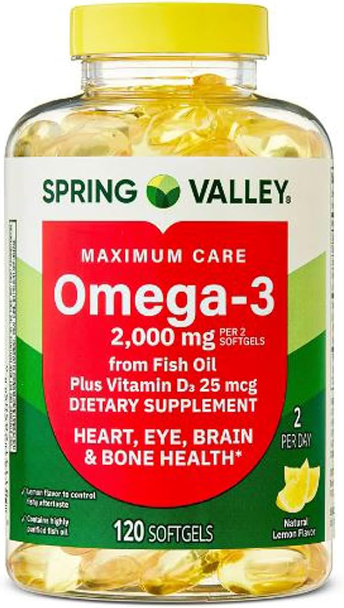 H4U Spring Valley Maximum Care Omega-3 from Fish Oil Dietary Supplement Softgels for Eye Brain Bone &amp Heart Health 2000 mg 120 Count