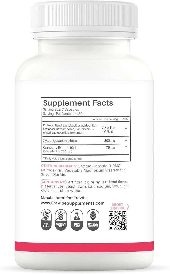 Women's Probiotic with Cranberry - 7.5 B CFUs for Vaginal &amp Gut Microbiome Support - 90 Vegan Capsules Gluten Free