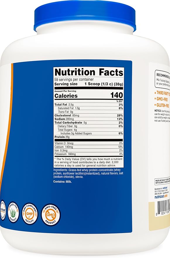 Nutricost Grass-Fed Whey Protein Concentrate (Vanilla) 5LBS - Undenatured Non-GMO Gluten Free Natural Flavors