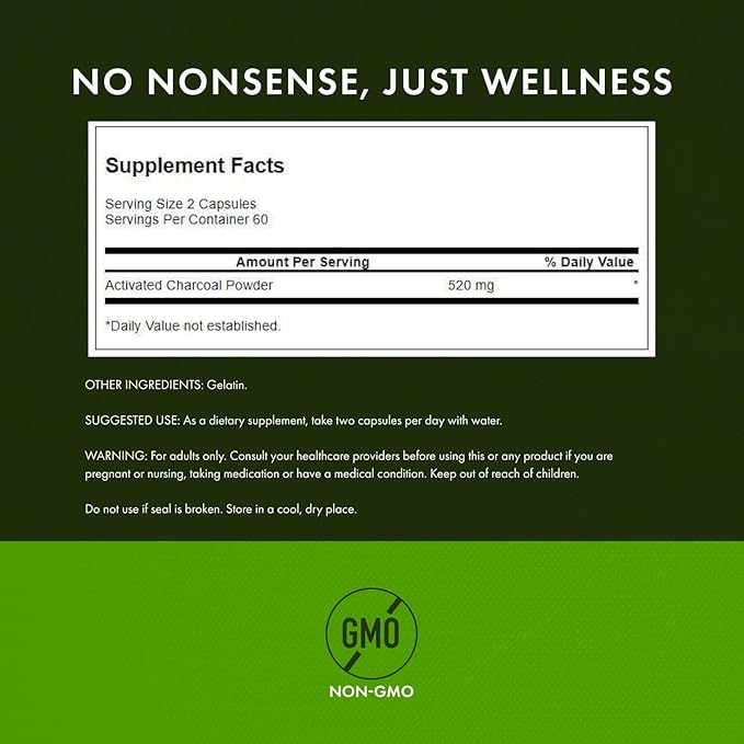 Swanson Activated Charcoal Digestive Support Supplement for Digestive-Comfort-Seeking Adults - 260 mg Per Capsule (120 Capsules 520 mg Per Serving 4 Pack)