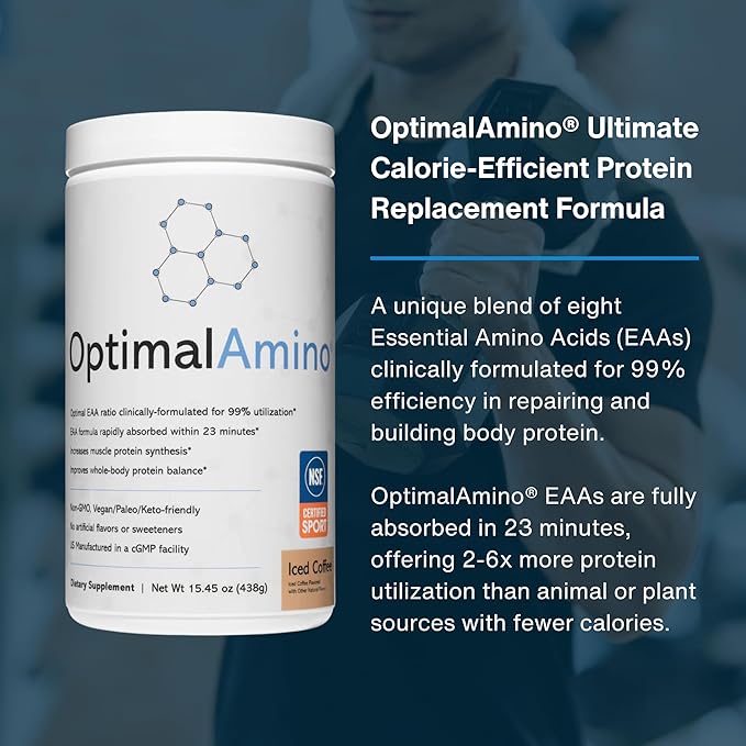 OptimalAmino Amino Acid Powder | 99% Utilized Essential Amino Acid (EAA) Supplement | Pre/Post Workout &amp Muscle Recovery | NSF for Sport Certified | Iced Coffee Flavor