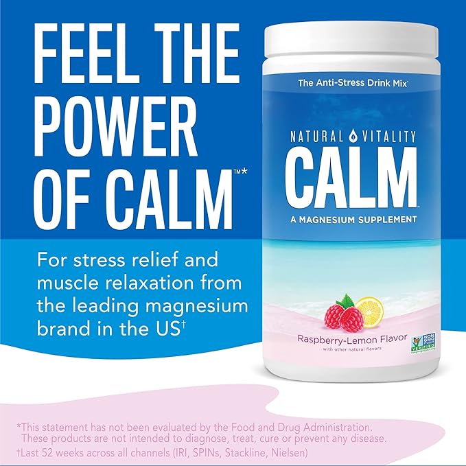 Natural Vitality Calm Magnesium Citrate Supplement Anti-Stress Drink Mix Powder Gluten Free Vegan &amp Non-GMO Raspberry Lemon 0.12 oz 30 Packets