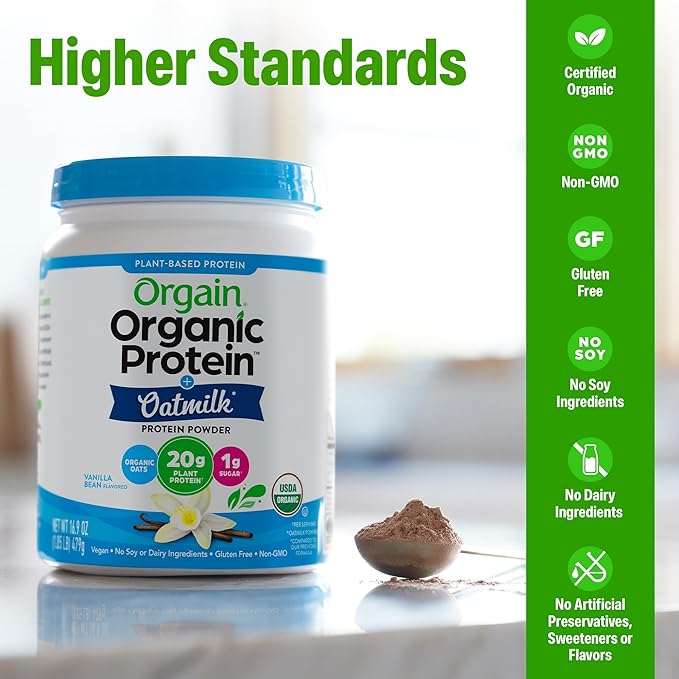 Orgain Organic Vegan Protein Powder + Oat Milk Chocolate - 20g Plant Based Protein Gluten Free No Dairy Soy or Lactose Ingredients Low Sugar Non-GMO Kosher For Shakes &amp Smoothies - 1.05lb