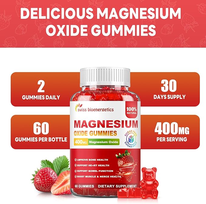 Magnesium Oxide Gummies 400mg – Muscle Relaxation &amp Nerve Support for Adults and Kids – Magnesium Oxide with Stevia &amp Fruit Extract – Vegan Non-GMO Gluten-Free 120 Gummies