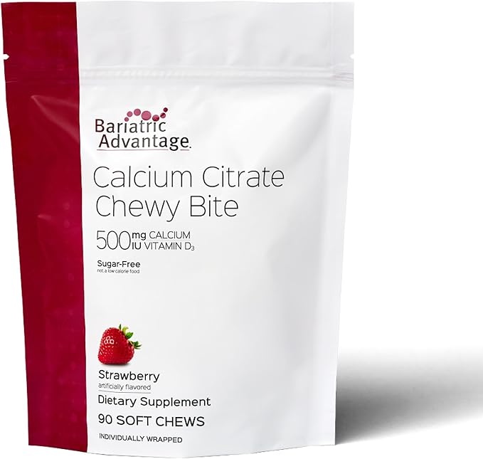 Bariatric Advantage Calcium Citrate Chewy Bites 500 mg - Highly Absorbable &amp Digestible - Vitamin D3 - Easily Chewable Calcium Supplement - Strawberry Flavor - 90 Count