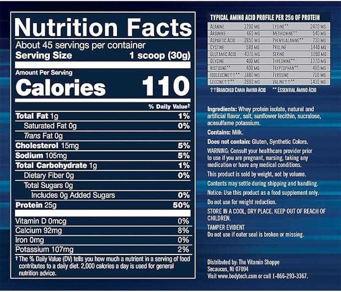 BodyTech Whey Protein Isolate Powder - 25g Protein per Serving with BCAAs - Fast-Absorbing for Muscle Growth &amp Recovery - Fruity Cereal (3 lb 46 Servings)