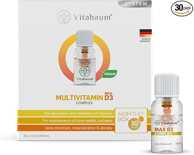 Vitabaum® Multivitamin Max D3 Complex – Bone Health - Vitamin K + 8 Essential Nutrients - 30 Vials - 0.34 fl.oz (10ml) Per Serving - Twist and Mix System™ for Fast Absorption - Vegan