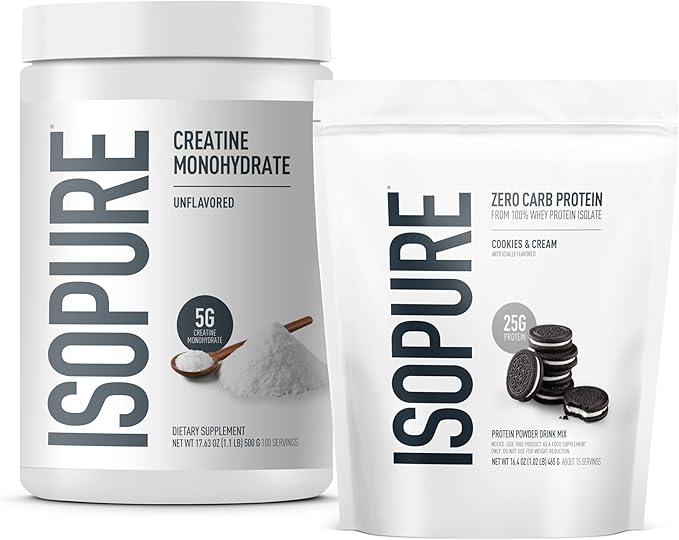 Isopure Bundle of Zero Carb 100% Pure Whey Isolate Protein Powder Cookies &amp Cream 25g Protein Per Serving 1 Lb 15 Servings + Isopure 100% Pure Creatine Monohydrate Powder 100 Servings