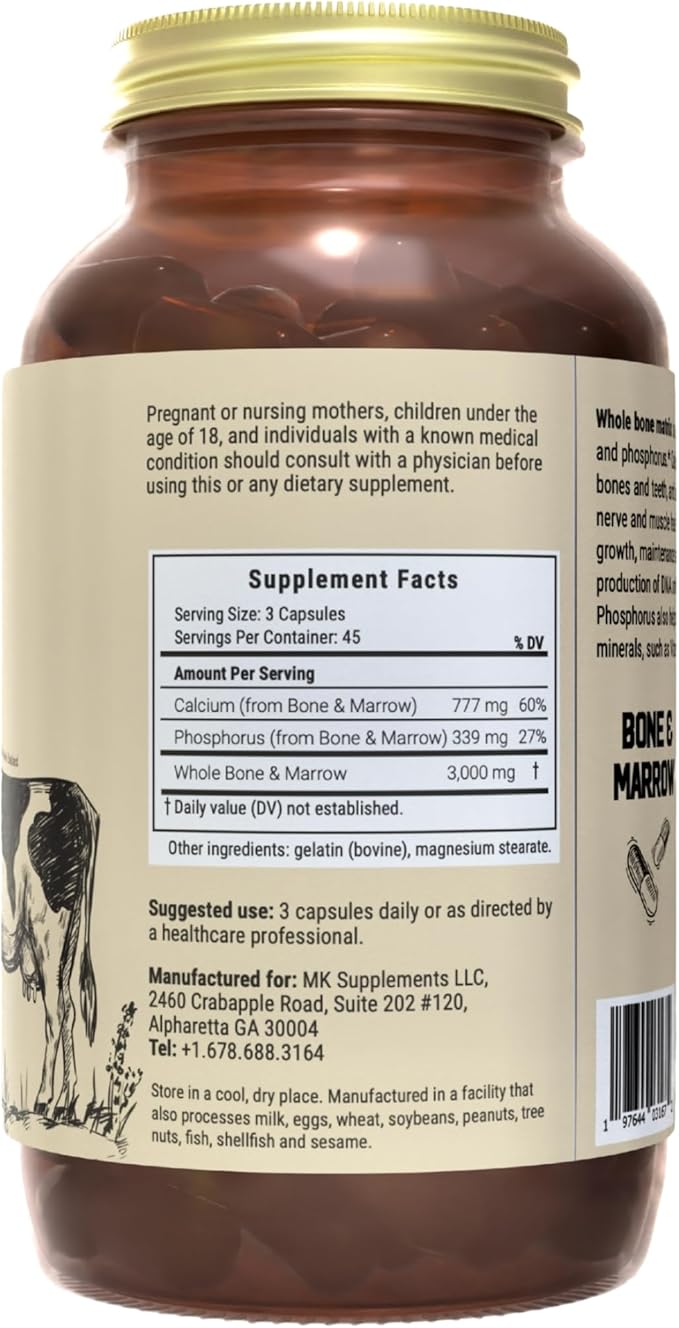 MK Supplements Grass-Fed Beef Bone &amp Marrow Supplement Supports Healthy Joints Bones Teeth Immune Support Freeze-Dried Non-GMO 45 Servings (3000 mg Each)