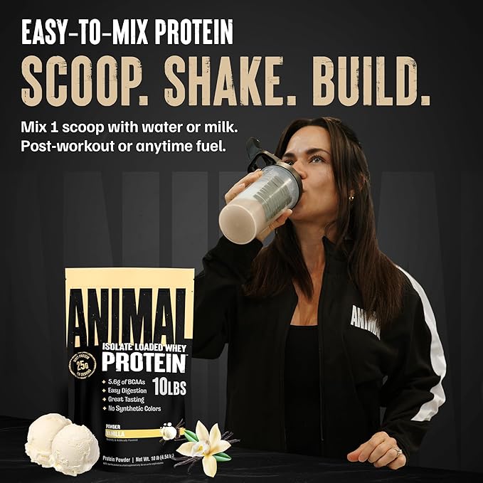 Animal Whey Isolate Protein Powder - Loaded for Pre &amp Post Workout Muscle Builder and Recovery with Digestive Enzymes for Men &amp Women - 25g Protein Great Taste Low Sugar - Vanilla 10 lbs