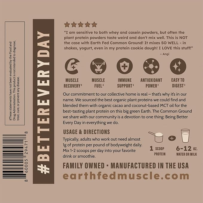 Earth Fed Muscle Common Ground Plant Protein – Chocolate Plant Protein Powder with MCT Powder with Soy &amp Gluten Free No Added Sugar - 30 Servings