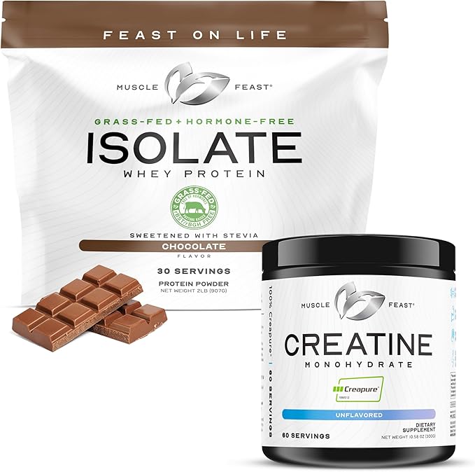 Muscle Feast Isolate + Creatine Bundle: 1 Whey Protein Isolate (Chocolate 2lb) + 1 Creatine Powder (Unflavored 300g) | Premium Supplements Vegetarian Gluten Free