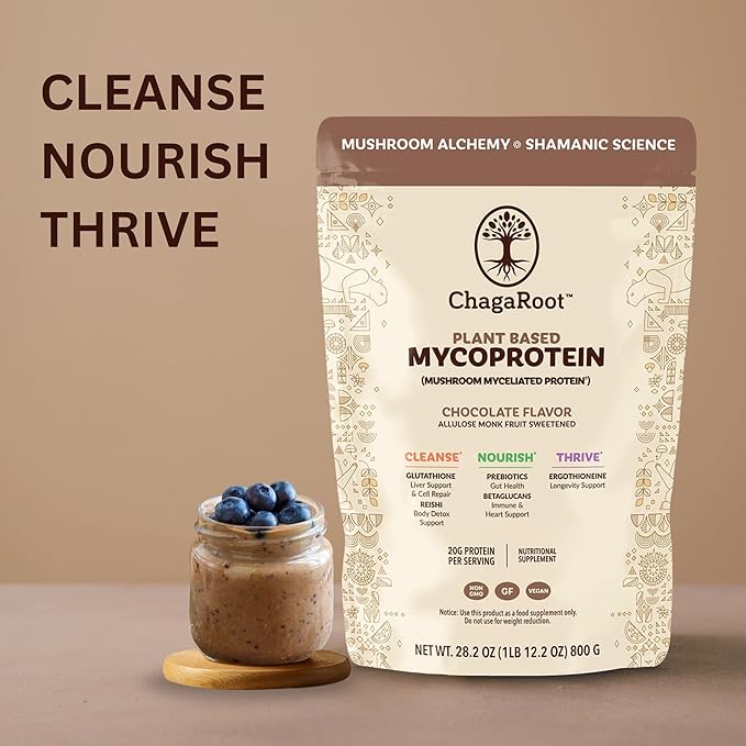 Mycoprotein Mushroom Protein Powder Chocolate Flavor 20g Plant Based Protein per Serving Reishi Chaga Lions Mane Shiitake Turkey Tail Vegan Gluten Free Coffee Smoothies 1.76 lb