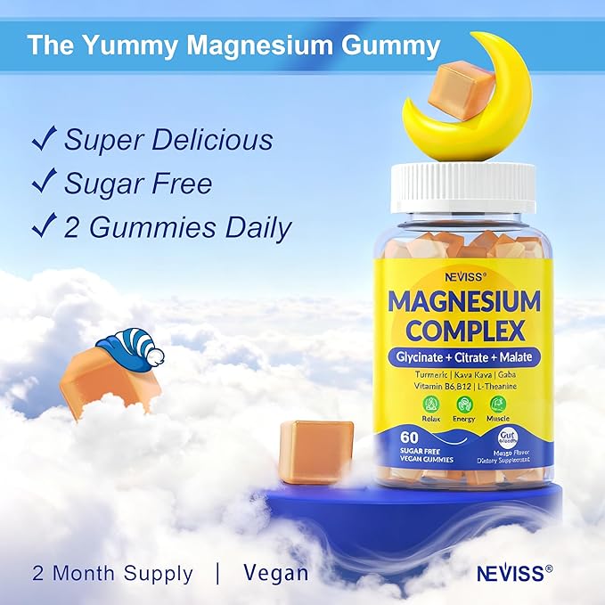 Magnesium Complex Gummies 400mg Magneisum Glycinate Citrate Malate + Turmeric GABA B6 B12 Kava Kava L-Theanine for Sleep Calm Relaxation Energy Magnesium Gummies for Women Men Vegan 60 Cts