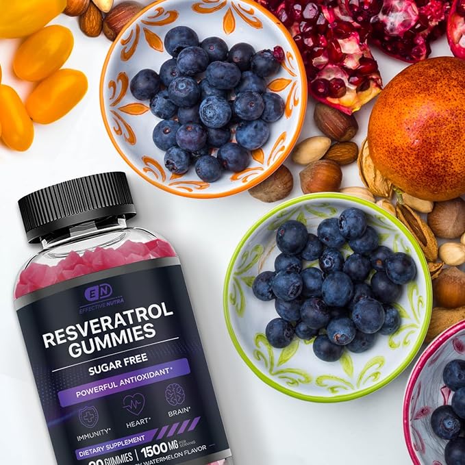 EFFECTIVE NUTRA Resveratrol Gummies 1500mg | Sugar-Free Supplement for Antioxidant Support Immunity Heart Health and Brain Function | 45-Day Supply Natural Berry Flavor Made in USA (90 Count)