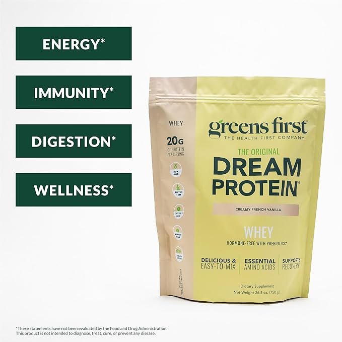 Greens First Dream Protein Powder Whey - 20g Protein Per Serving - Hormone-Free with Prebiotics - Non-GMO - No Artificial Sweeteners/MSG/Aspartame (Creamy French Vanilla 26.5 oz)