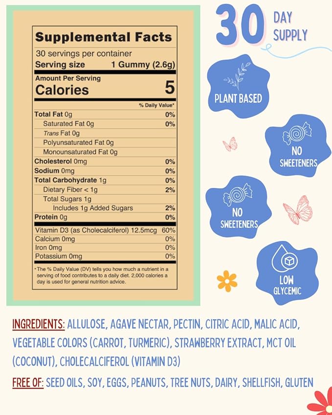 Vitamin D3 Gummies for Kids 2+ – Clean Ingredient Strawberry Gummies Vegan &amp Non-GMO Low Glycemic Vitamin D Supplement for Immune &amp Bone Support 30 Count