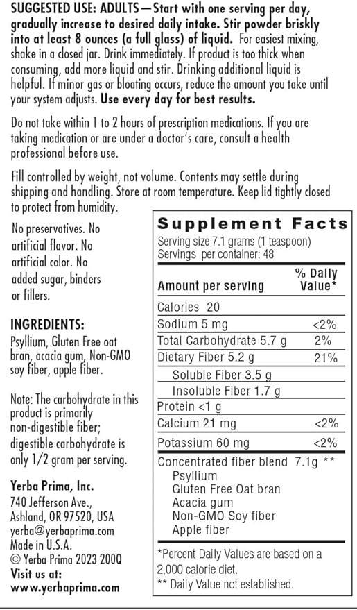 Yerba Prima Daily Fiber Formula Powder - 12 oz (Pack of 3) - Soluble &amp Insoluble Dietary Fiber Supplement - Colon Cleanse - Vegan Non-GMO Gluten-Free