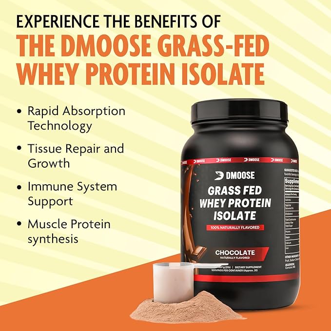 DMoose Grass Fed Whey Protein Powder - for Muscle Growth &amp Recovery Naturally Sweetened &amp Flavored Rich in Amino Acids Fast Absorbing Performance Formula (2 Lbs Chocolate)