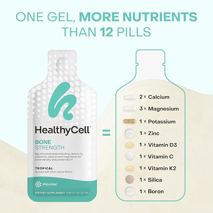 Healthycell Bone Strength Liquid Supplement - Bone Health Supplement with Calcium Magnesium Vitamin D3 &amp Vitamin K2 for Bone Density &amp Preservation - 30 Gel Packs Tropical Flavored