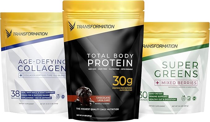 Transformation Chocolate Protein Powder | 30G Multi-Protein Superblend+ Grass-Fed Hydrolyzed Collagen Peptides Powder- Hair Skin Nails+ Organic Super Greens Superfood Powder- Immune &amp Energy Sup