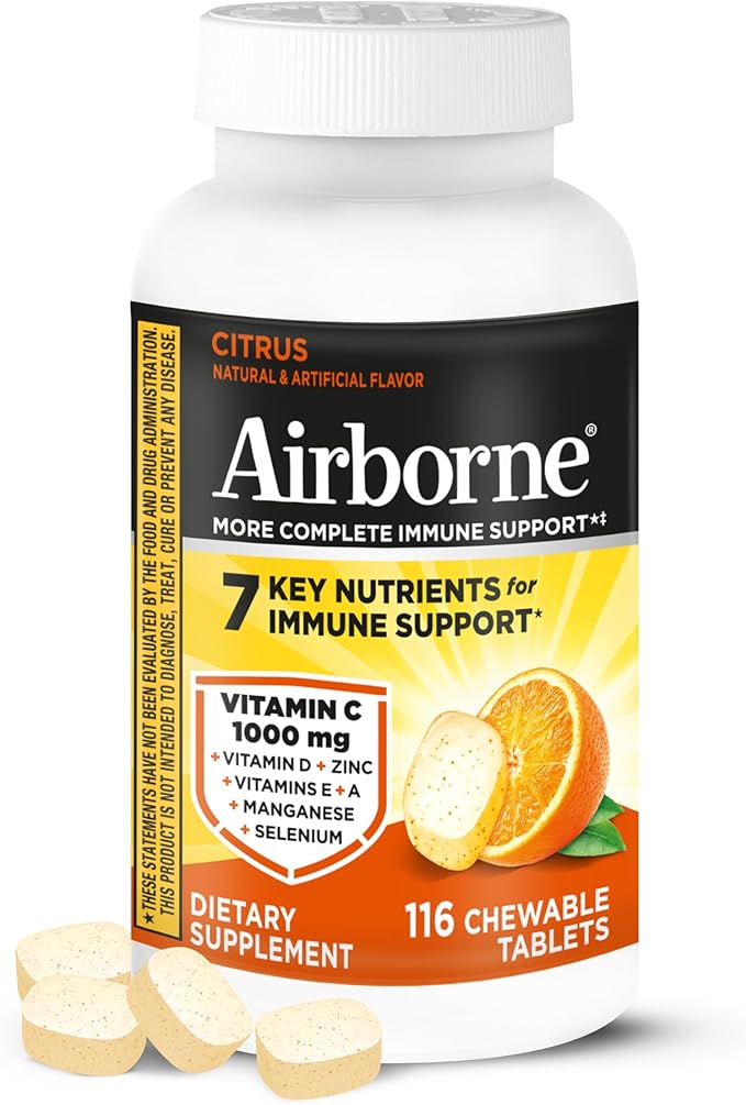 Airborne Vitamin C 1000mg (per Serving) - Citrus Chewable Tablets (116 Count in a Bottle) Gluten-Free Immune Support Supplement with Vitamins A C E Zinc Selenium Echinacea Ginger Antioxidants