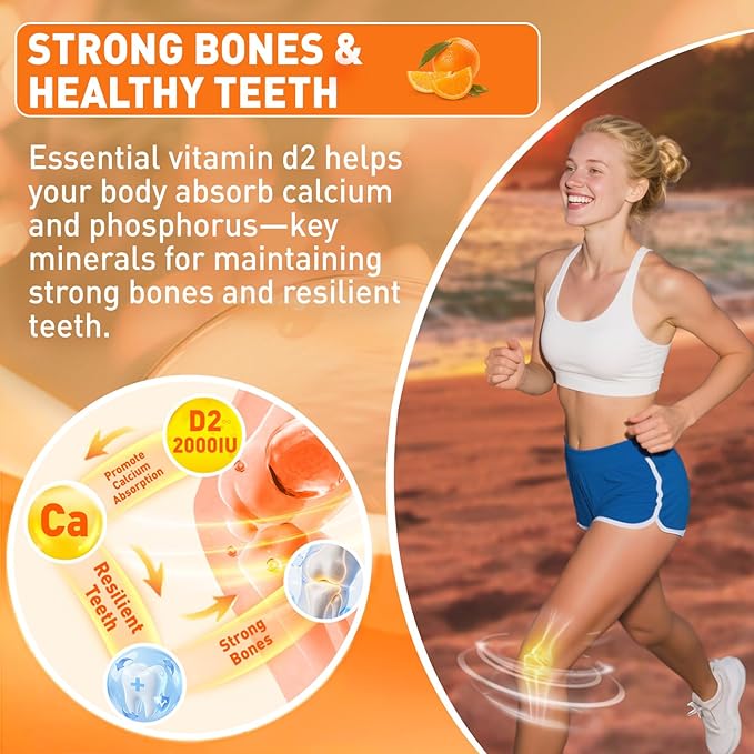 Vitamin D2 Gummies 2000 IU Plant-Based Vitamin D Supplement from Whole Mushroom for Bone Muscle &amp Immune Support Daily Sunshine Supply Vegan Non-GMO Orange 60 Chews