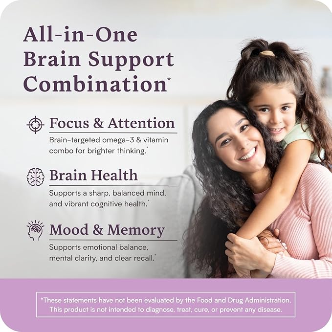 Brain Supplement for Natural Focus &amp Attention | for Kids | Active B Vitamin &amp Omega-3 Combo | Vitamin B Complex w/Omega 3 Fatty Acids EPA &amp DHA | Omega-3s in Small Pill | L-MTHF B12 P5P