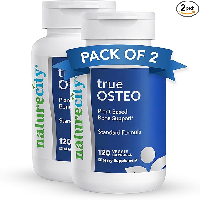 NatureCity True-Osteo Bone Support Supplement – Plant-Based Formula with AlgaeCal Calcium Magnesium Vitamin D3 K2 &amp Silicon | Gentle on Stomach (120 Veggie Capsules) (Pack of 2)