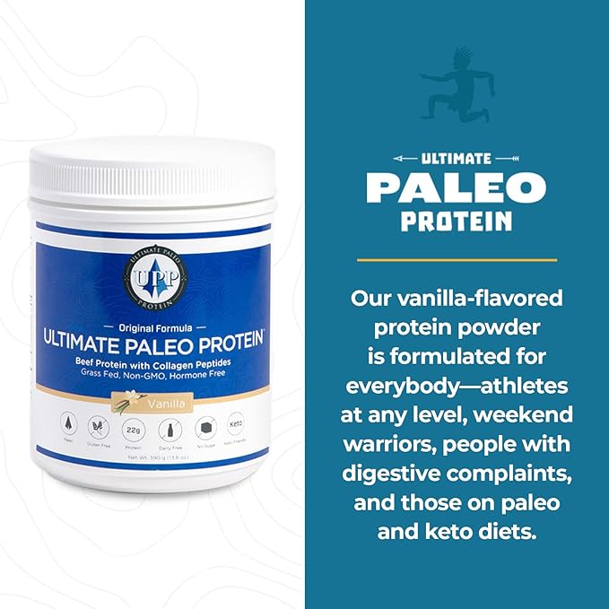 Ultimate Paleo Protein Powder | Premium Grass Fed Beef Protein with Collagen Peptides | Paleo Friendly Gluten Free Keto Friendly No Artificial Sweeteners or Preservatives - Vanilla 15 Servings